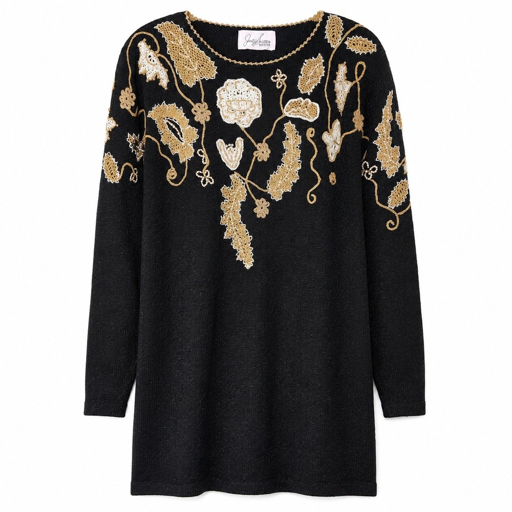 Vintage 90s Jody Smith Petite L Black Gold Embellished Tunic Sweater Pearl NWT.